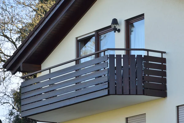 Wooden balcony of a residential building in a residential area