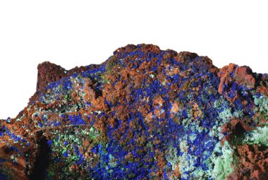 Güzel mücevher taşı Azurit ve Malachite bir kayanın üstünde, yakın plan mavi