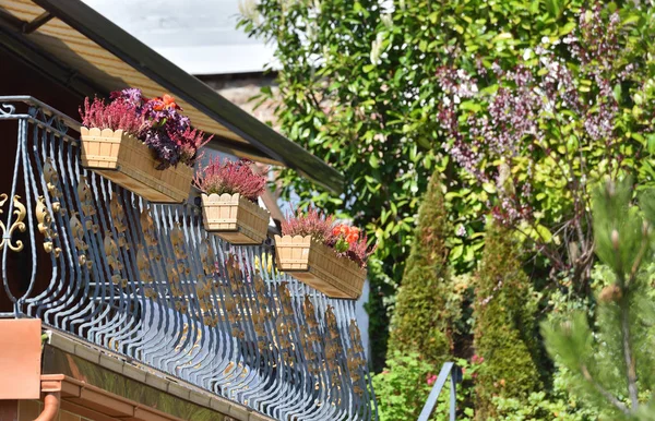 Балкон Будинку Висячими Квітами Квіткових Горщиках — стокове фото