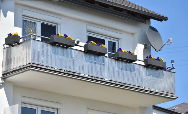 Metalowy Balkon Domu Ozdobiony Doniczkami Żywymi Kwiatami Altówki — Zdjęcie stockowe
