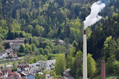 Neuenburg, Almanya - 24 Nisan 2019: Pectin fabrikası ve ormanın arka planında sigara piposu.