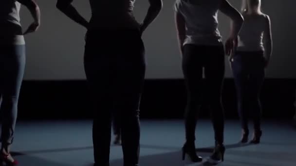 Adult women dance on stage in the dark. Latin American Dance School for Women. — Stock Video