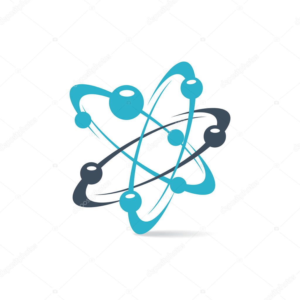 Atom logo design. Symbol of science research Atom logo Vector icon illustration. electrons rotate in orbits around atomic nucleus concept.