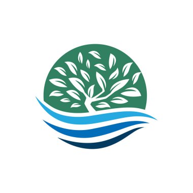 River Tree logo tasarım vektör şablonu. Ağaç ve su sembolü.