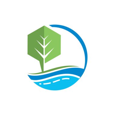 River Tree logo tasarım vektör şablonu. Ağaç ve su sembolü.