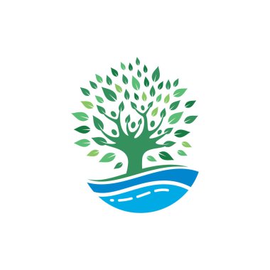 River Tree logo tasarım vektör şablonu. Ağaç ve su sembolü.