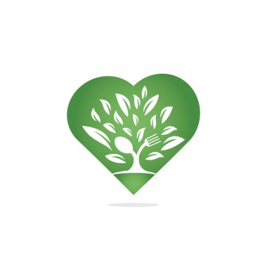 Restoran veya kafe için çatal ve kaşık ağaç logosu tasarımı. Çatal ve kaşıktan yapılmış ağaç şekilli taze gıda logosu tasarımı konsepti.