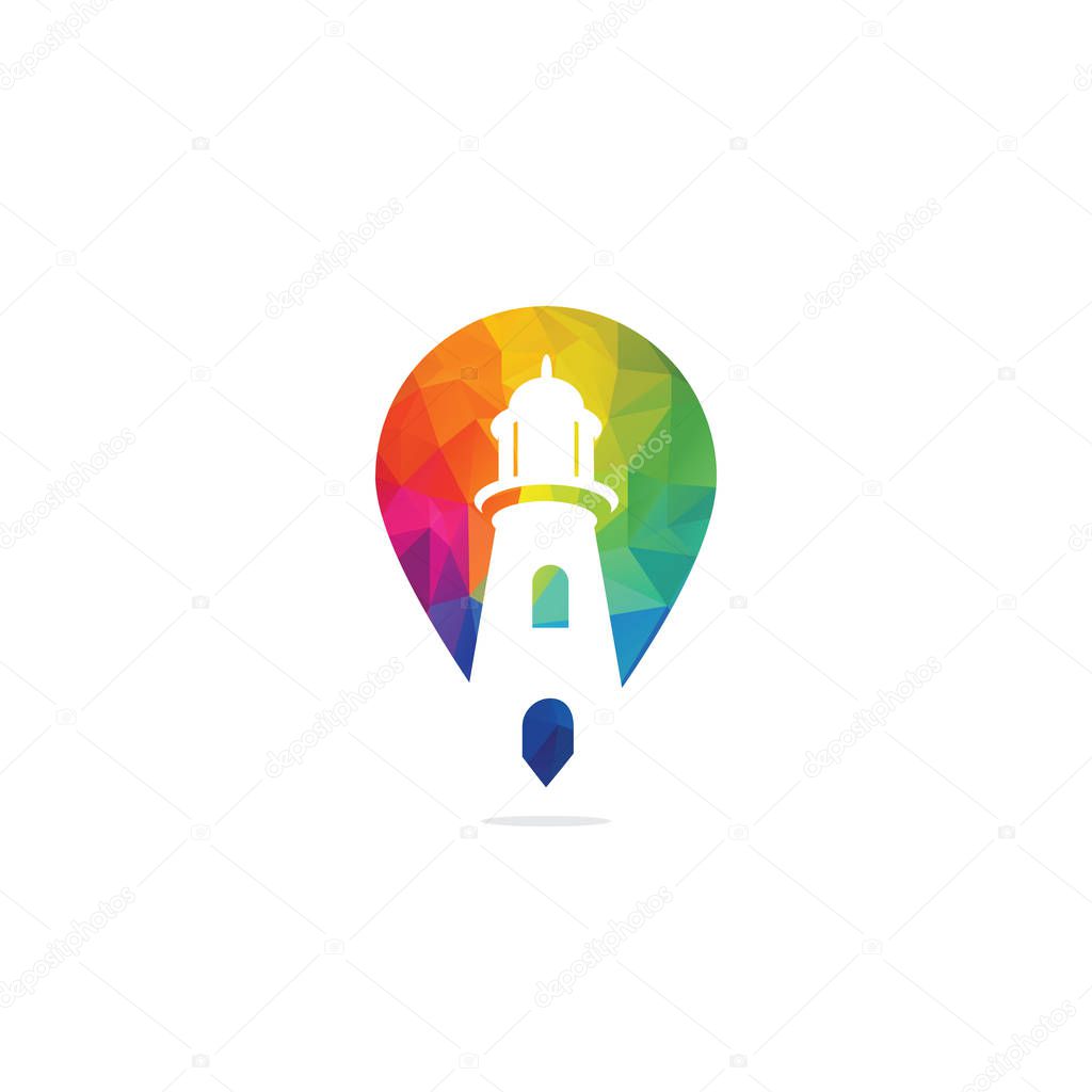 Tower and pin map vector logo design. Lighthouse logo vector illustration.