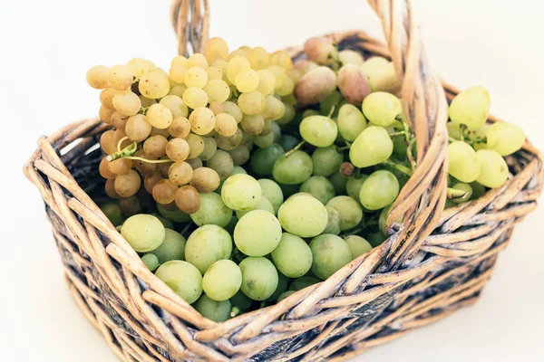 Uvas verdes y azules en una canasta de mimbre sobre fondo blanco, au — Foto de Stock