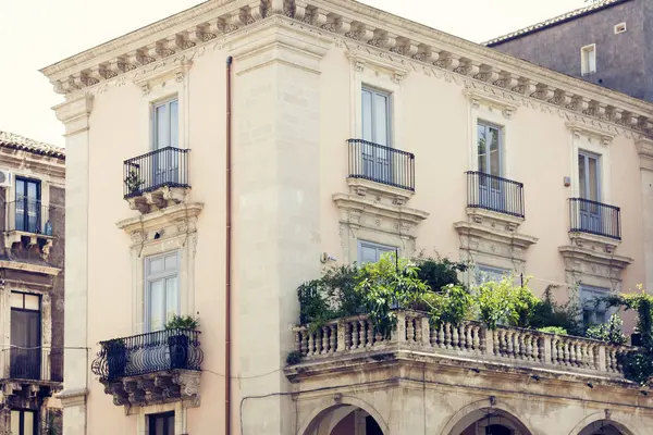 Balcony with flowerpots and house plants in a historic building