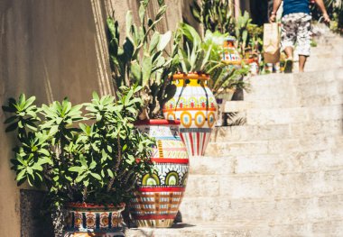 Sicilya 'nın tarihi Taormina caddesinde kil çömleğe bitki ekin.