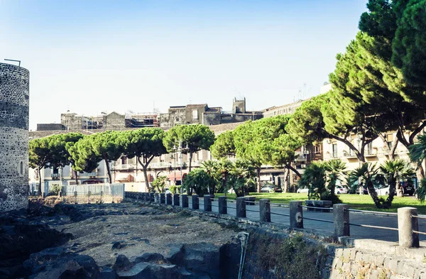 Callejón de la palmera cerca de Castello Ursino jalá antiguo castillo en Catan —  Fotos de Stock