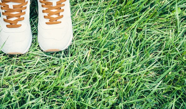 Пара спортивных туфель из серой замши на траве в парке . — стоковое фото
