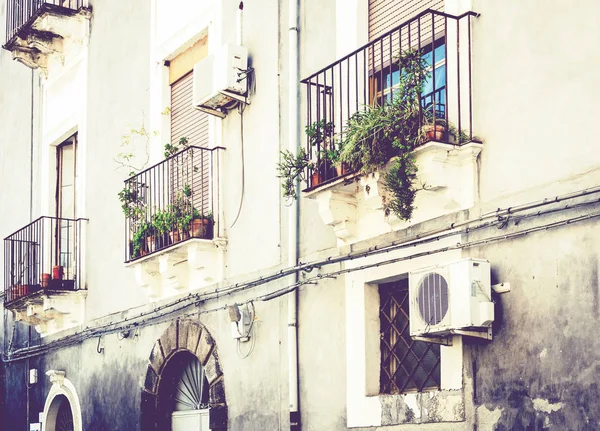 Balcony with flowerpots and house plants in a historic building