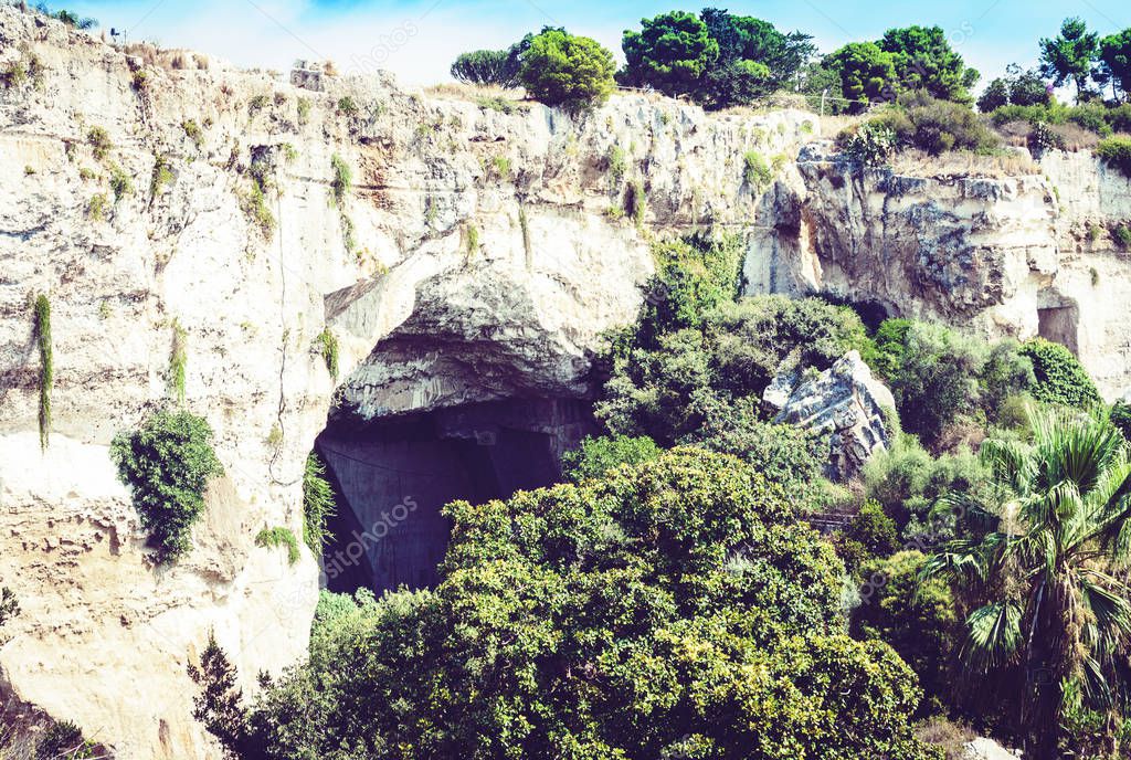Limestone Cave Grotta dei Cordari - Syracuse, Sicily, Italy.
