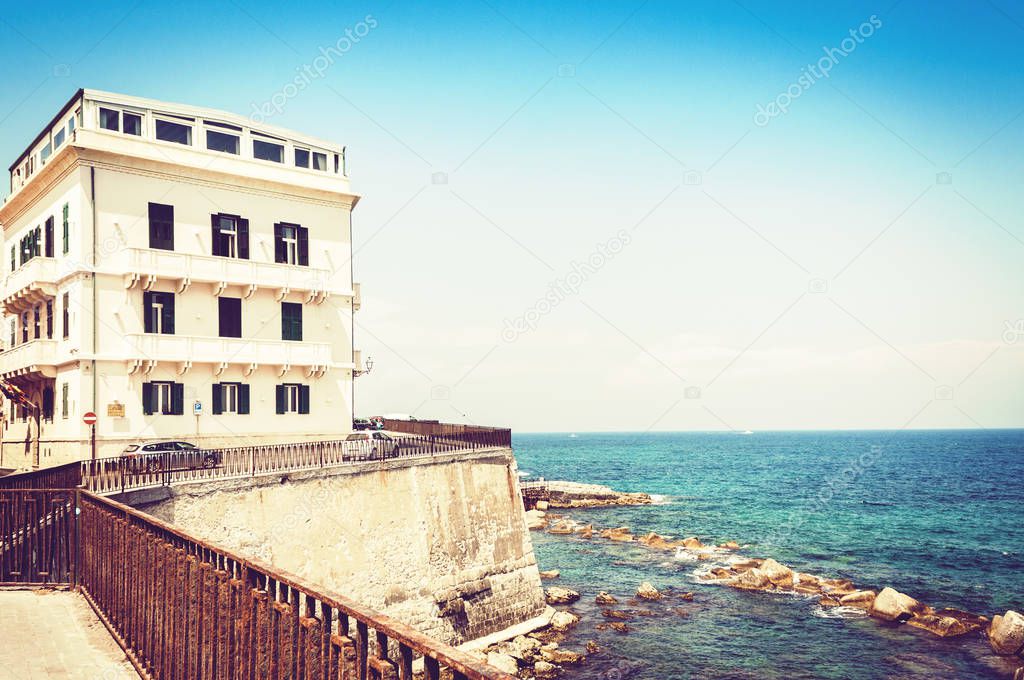 Sicily landscape, View of old buildings in seafront of Ortygia (