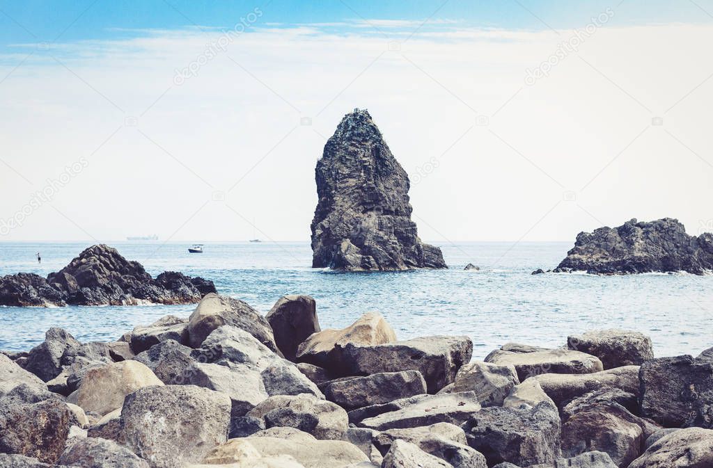 Acitrezza rocks of the Cyclops, sea stack in Catania, Sicily.