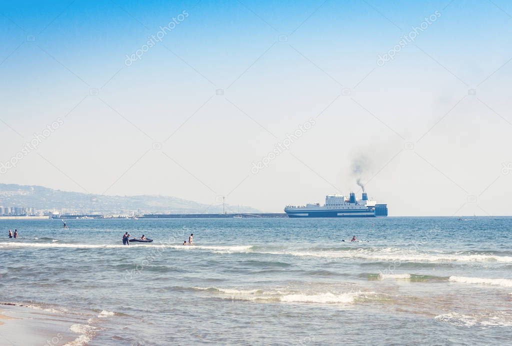 Beautiful seascape with cruise ship from coast of Catania, Sicil