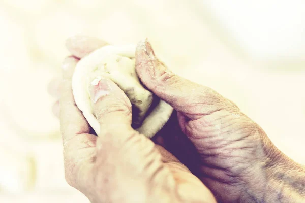 Mujer haciendo a mano sabrosas empanadas fritas o pasteles en la cocina . — Foto de Stock