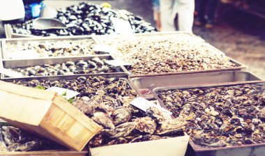 Pescheria balık pazarında taze deniz ürünleri ve balıklar satılıyor. 