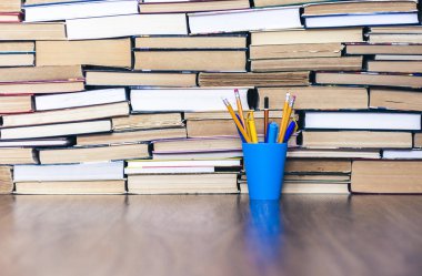 Plastik tutacaktaki kalemler, bir yığın kitap eğitimi...