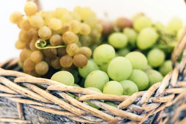 Uvas verdes y azules en una canasta de mimbre sobre fondo blanco, au — Foto de Stock