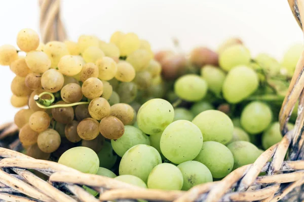 Uvas verdes y azules en una canasta de mimbre sobre fondo blanco, au — Foto de Stock