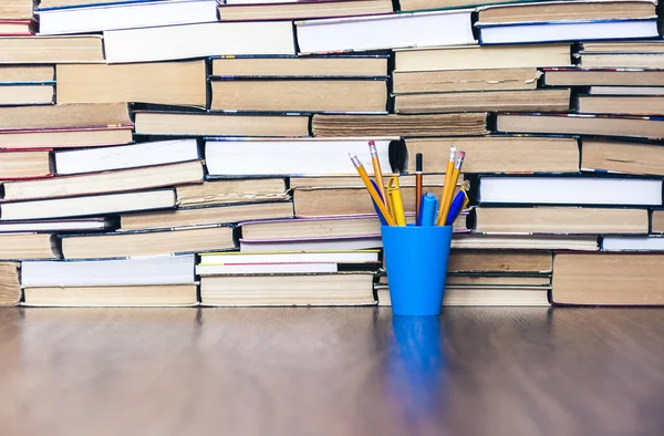 Plastik tutacaktaki kalemler, bir yığın kitap eğitimi...
