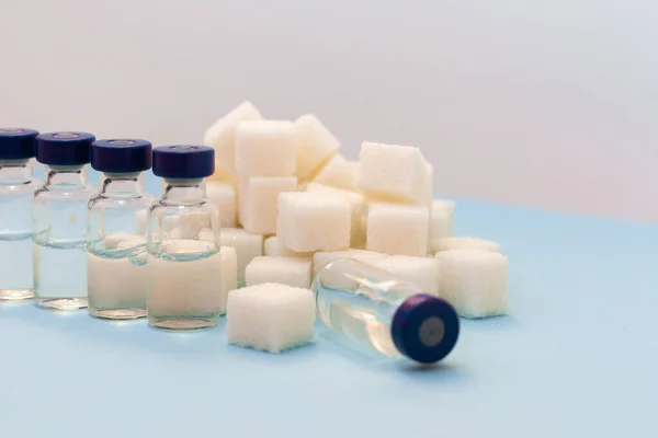 Sugar Addiction Insulin Resistance Unhealthy Diet Sugar Cubes Bottles Insulin — Stok fotoğraf