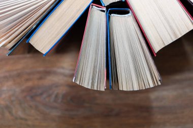 Kitapçıda ya da kütüphanede eski ve iyi kullanılmış kitaplar ya da ders kitapları. Bir sürü kitap yığını. Ahşap masa manzaralı sert ciltli kitaplar. Kopya alanı ile okula geri dön