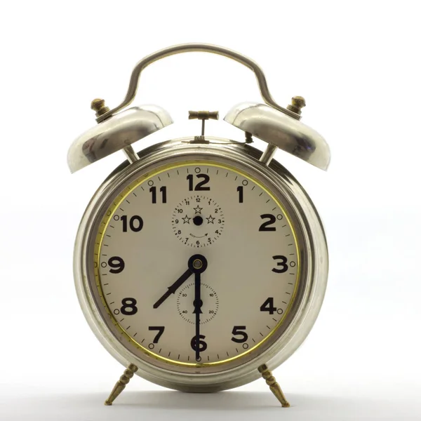 Reloj Despertador Estilo Antiguo Metal Son Las Siete Media —  Fotos de Stock