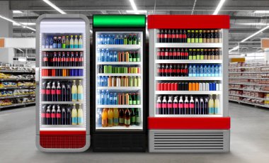 Cam kapılı buzdolabı yatay fotoğraflı gazoz kutuları ve süpermarketteki dikey dondurucuda plastik şişeler. Buzdolabında gazoz ve meşrubat var. Diğer biralar arasında yeni bira şişeleri, ambalaj veya etiket tasarımları sunmak için uygun.