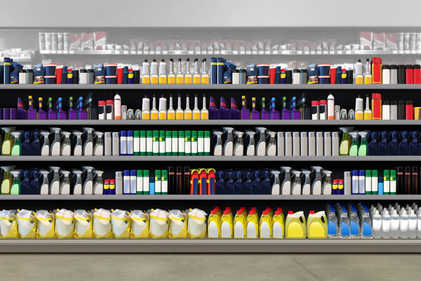 Gasoline and petrol refill station car cosmetic at supermarket. Suitable for presenting new packaging or label designs among many others.