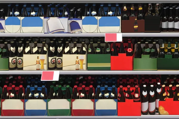 Butelki Piwie Tekturowym Nośniku Półce Supermarkecie Odpowiednie Prezentacji Nowych Butelek — Zdjęcie stockowe
