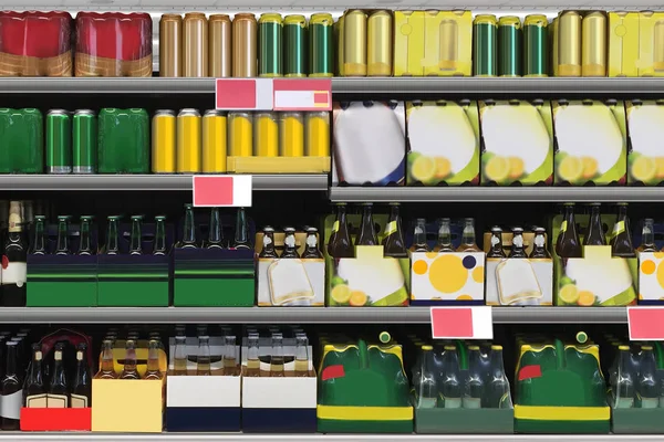 Latas Cerveja Garrafas Prateleira Supermercado Adequado Para Apresentação Novas Garrafas — Fotografia de Stock