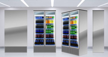 Soda ve meşrubatlar süpermarkette dikey buzdolabında. Kenar ve kapakla.
