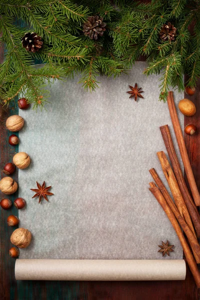 有坚果和香料的圣诞背景 — 图库照片