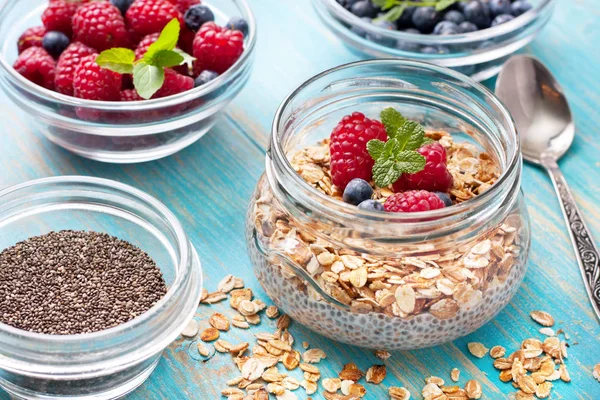 Chia pudding with muesli, raspberries, blueberries — Stock Photo, Image