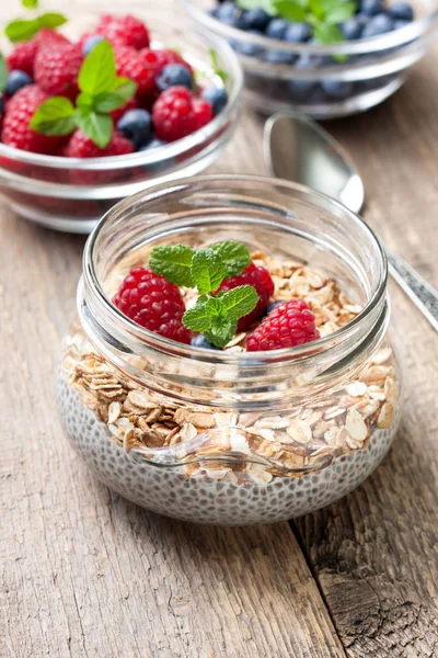 Budín de chía con muesli, frambuesas, arándanos —  Fotos de Stock