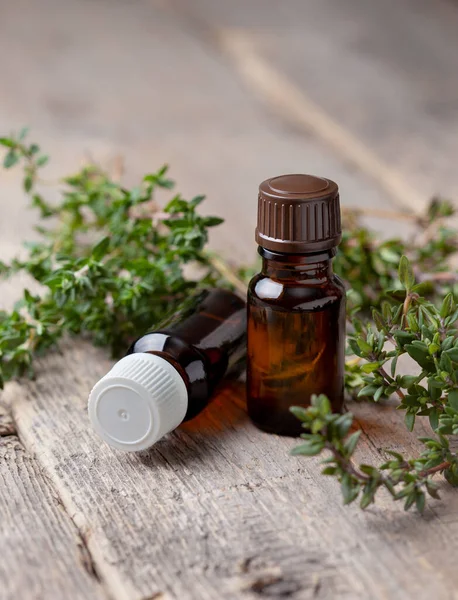 Thyme Essential Oil Glass Bottles Fresh Thyme Old Background — Stock Photo, Image