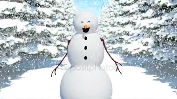 Um boneco de neve falante está caminhando pela floresta de abetos de inverno na neve. Dois pontos de vista e boneco de neve isolado. UHD - 4K. Renderização 3D — Vídeo de Stock