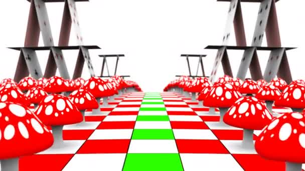Movimiento de una vista a lo largo de la amanita y jugando a las cartas en el tablero de ajedrez con máscara. Representación 3D. UHD - 4K — Vídeos de Stock