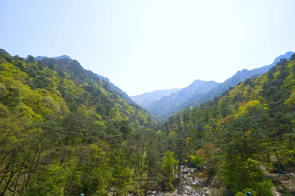 A kilátás Myohyang-san ("Mysterious illatos hegy"). KNDK - Észak-Korea. 2017. április 29.. — Stock Fotó
