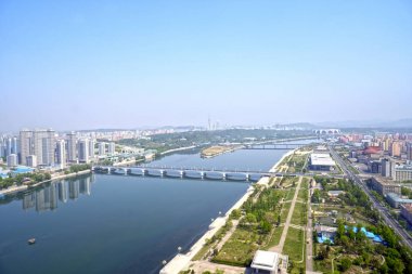 Pyongyang panoramik manzaralı sabahları. Kuzey Kore - Kuzey Kore. 02 Mayıs 2017.