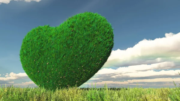 Un corazón herboso en un prado verde y nubes estrato. Representación 3D . Fotos de stock libres de derechos