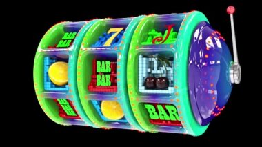 Glossy multi-colored slot machine hitting a 777 jackpot and exploding golden coins. UHD - 4K - 3D Rendering