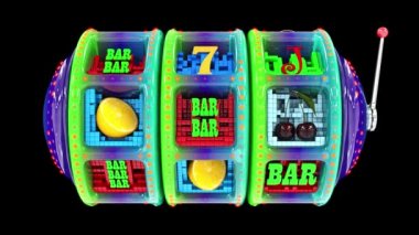 Glossy multi-colored slot machine hitting a 777 jackpot and exploding golden coins. UHD - 4K - 3D Rendering