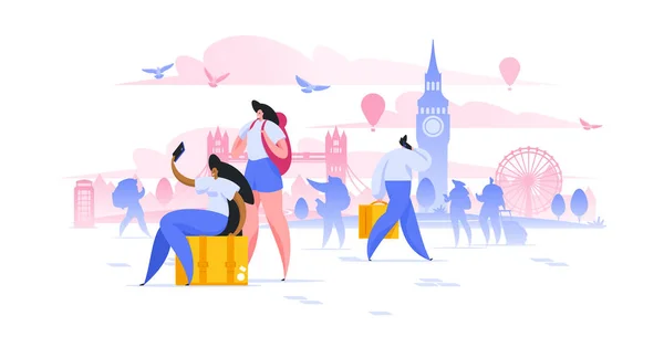 Londres turismo vacaciones vector plano ilustración novias turista con mochilas — Archivo Imágenes Vectoriales