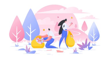 Vahşi doğa bölgesini temizleyen gönüllüler düz vektör illüstrasyon çizgi film karakterleri çöp topluyor.