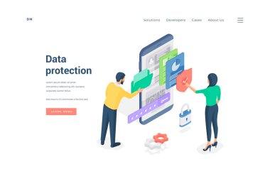 İnsanlar akıllı telefon izometrik vektör illüstrasyonundaki dosyaları kontrol ederken korunan veri adamının tarayıcı dizinini kullanıyor